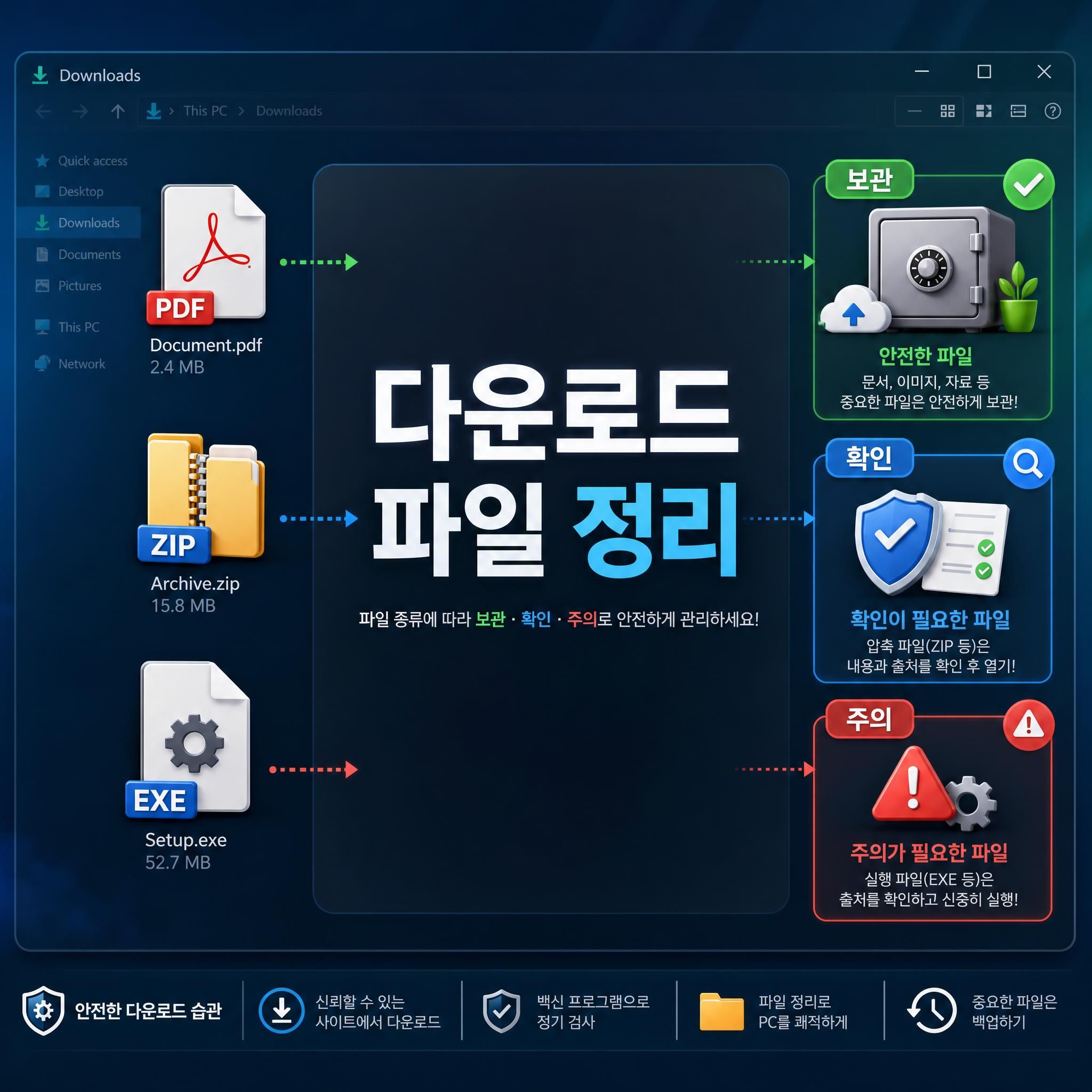 다운로드 폴더의 문서 압축파일 설치파일을 구분하는 화면