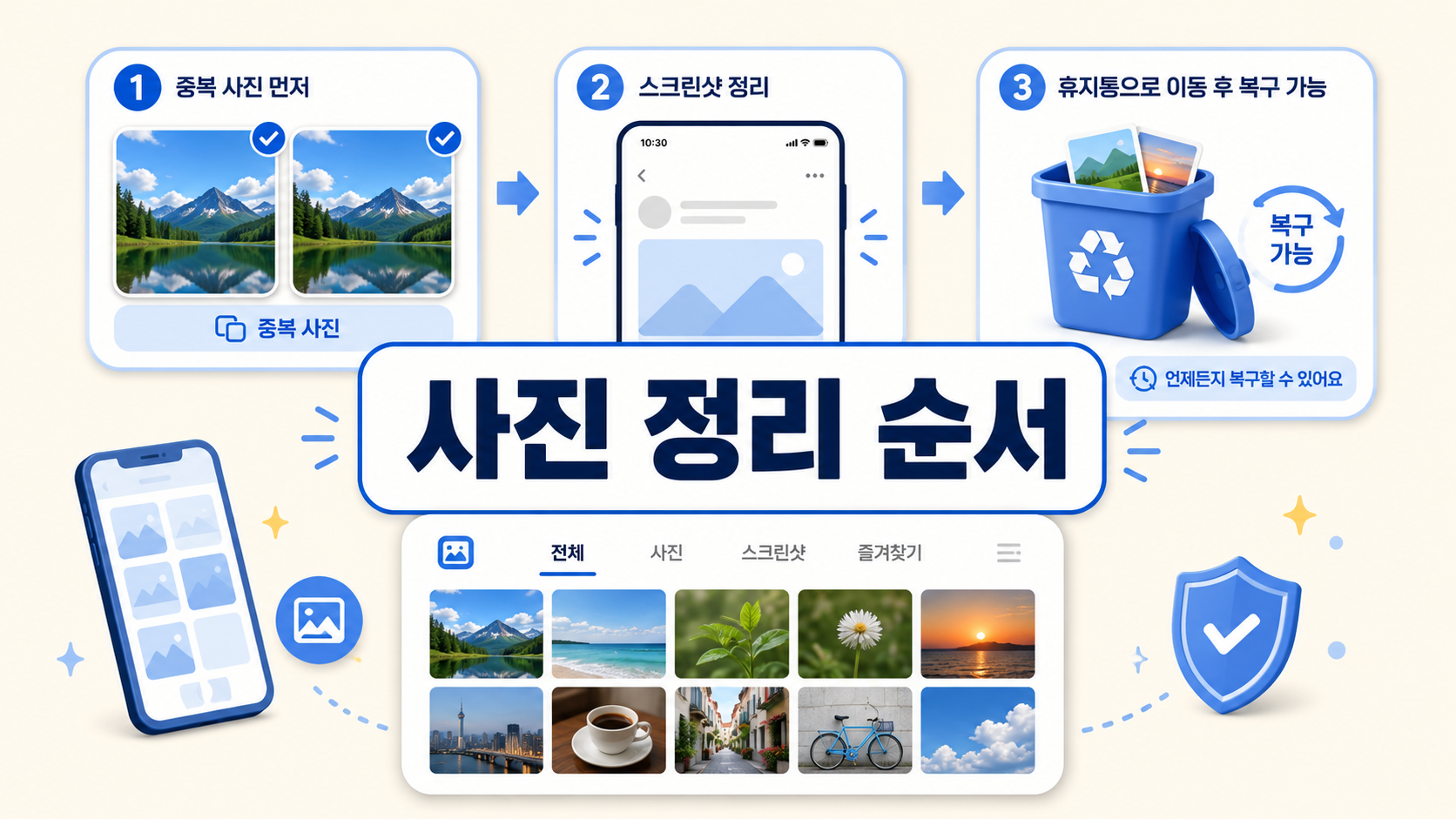 중복 사진과 스크린샷부터 스마트폰 사진을 정리하는 순서 안내 이미지