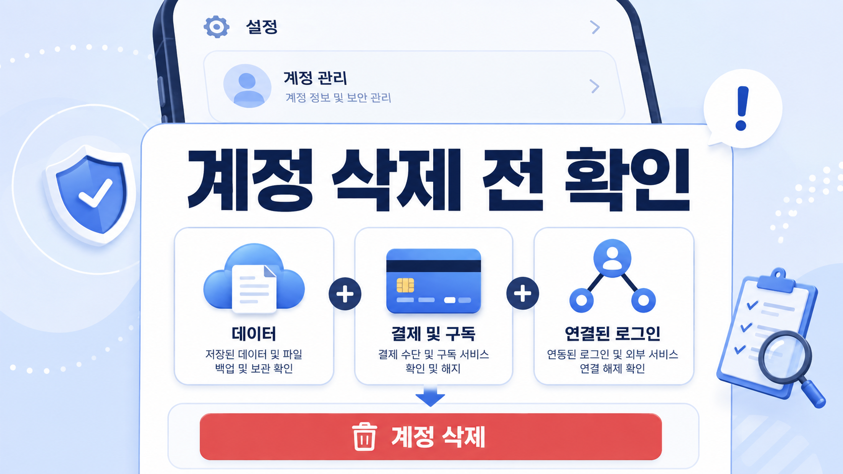 계정 삭제 전 데이터와 결제, 연결 로그인을 확인하는 안내 이미지