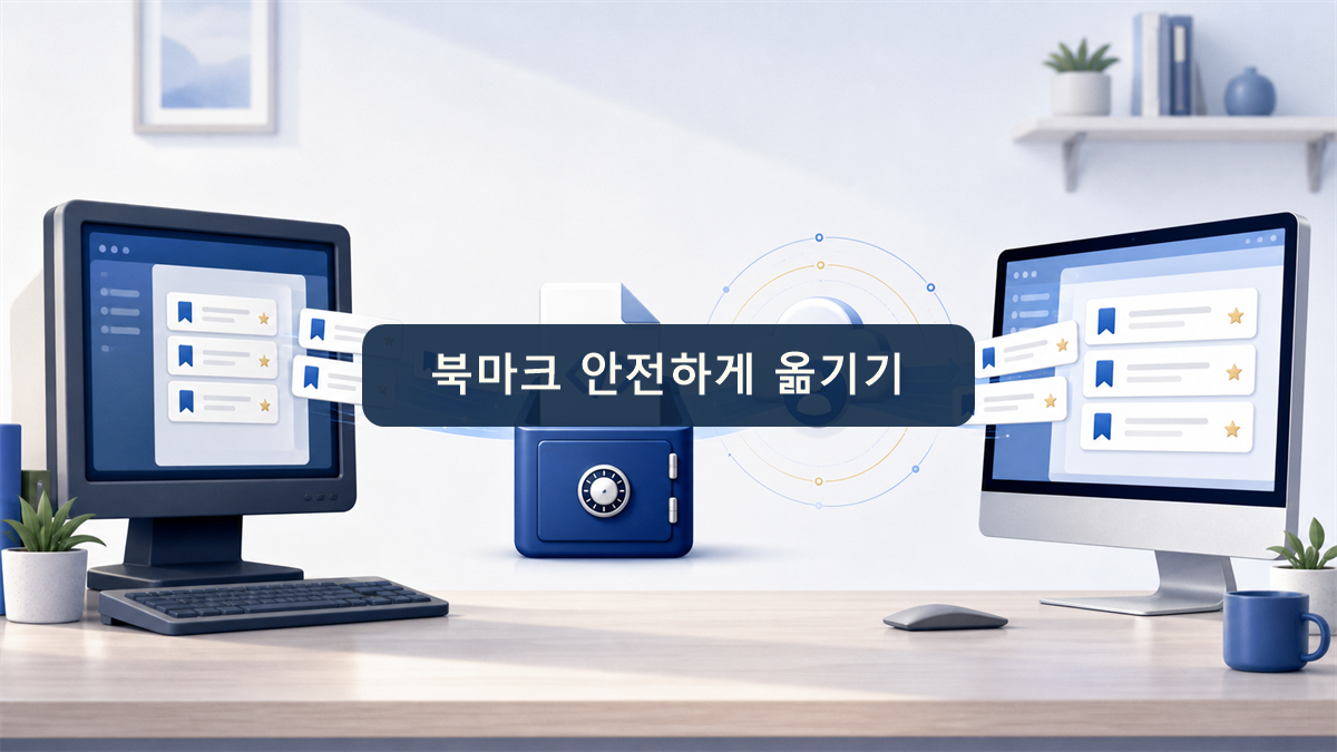 기존 컴퓨터의 북마크를 새 컴퓨터에서 복구하는 과정을 표현한 일러스트