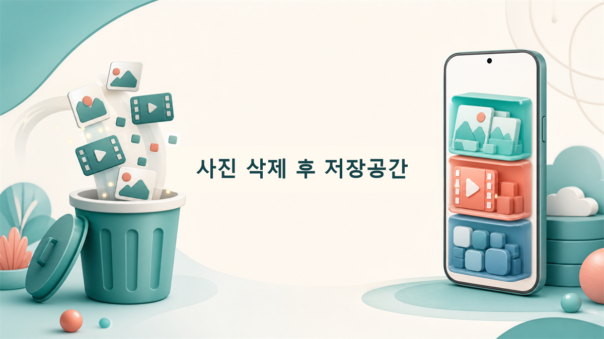 사진을 삭제한 뒤 휴대폰 저장공간을 확인하는 모습을 표현한 일러스트