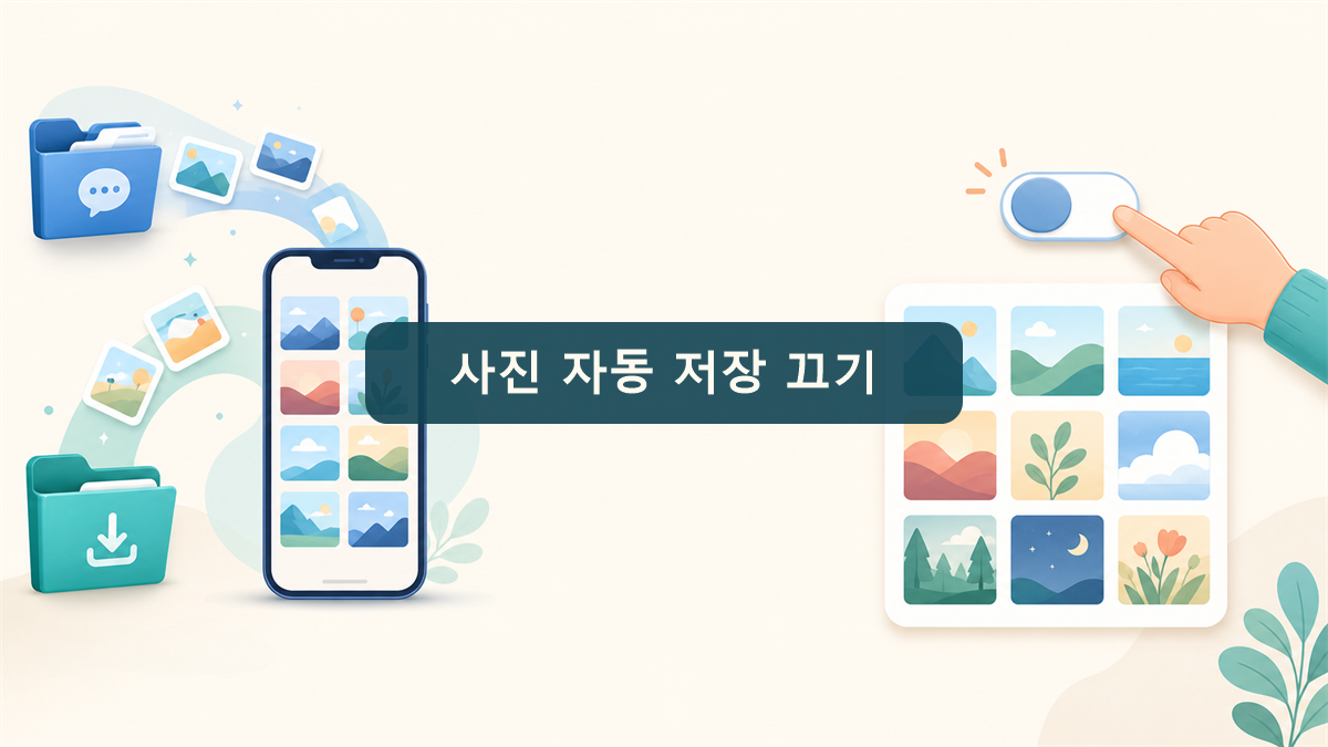 갤러리 사진의 저장 출처를 찾고 자동 저장 설정을 끄는 과정을 표현한 그림