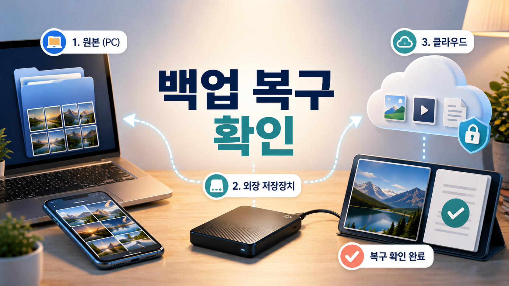 노트북 스마트폰 외장 드라이브 클라우드에 사진과 문서를 백업한 구성