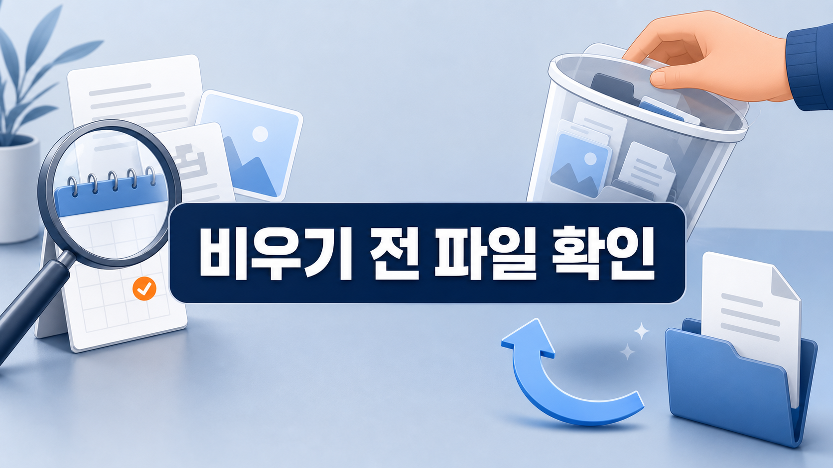 PC 휴지통을 비우기 전에 삭제 파일을 살피고 복원 여부를 판단하는 그림