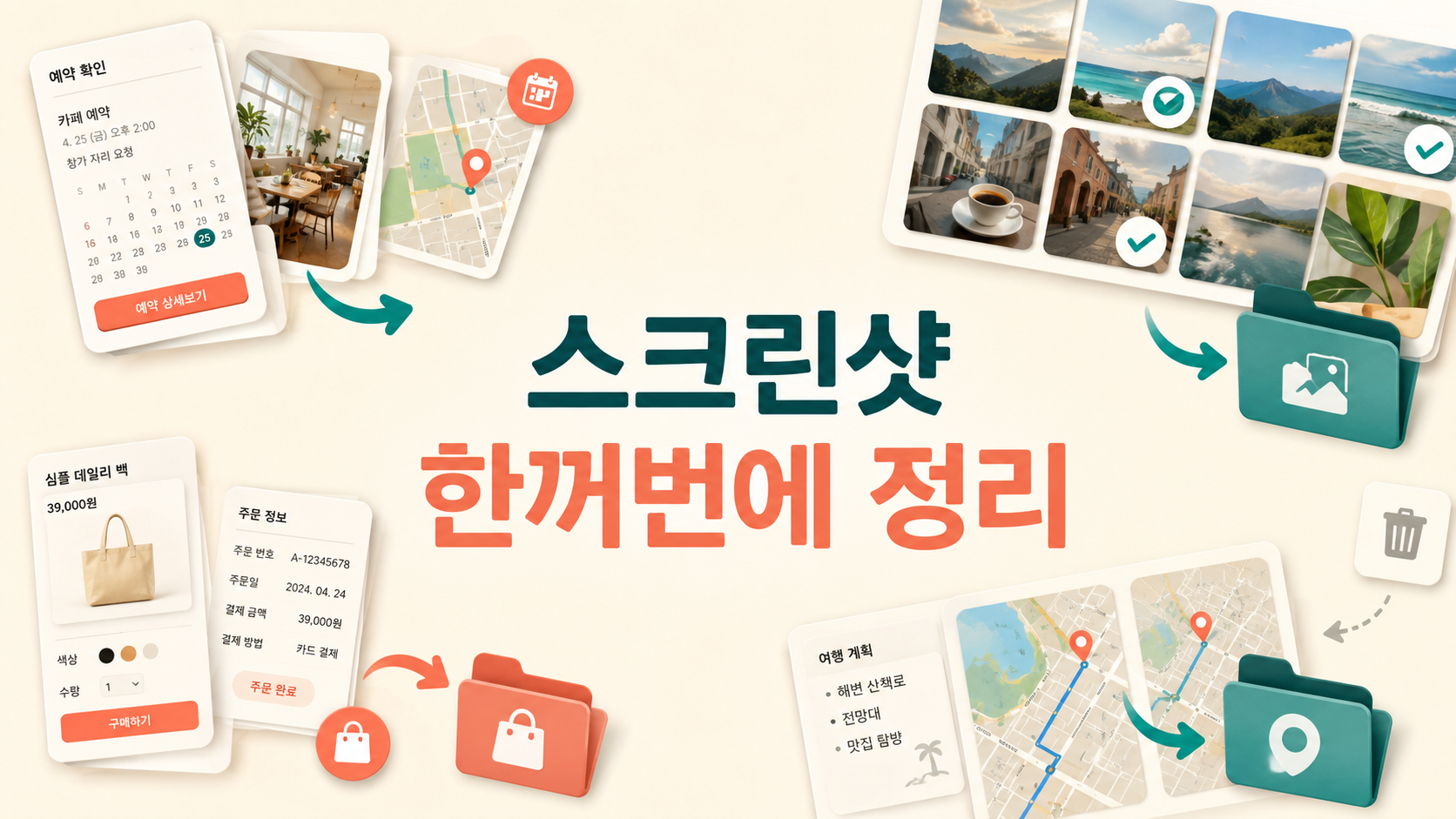 사진첩의 여러 스크린샷을 선택해 보관과 삭제로 나누는 일러스트