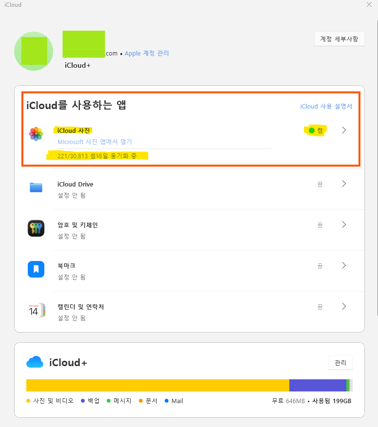 Windows용 iCloud에서 iCloud 사진 동기화를 켠 화면